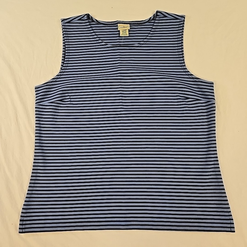 LL Bean Sleeveless Shirt Womens Medium Petite Tank Top Blue Black Striped